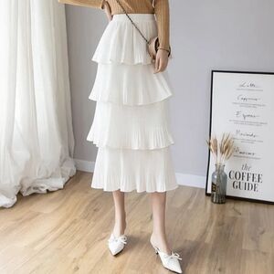 Accordion Tiered White Midi Skirt